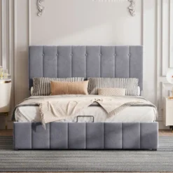 Lit Coffre Adulte 140 X 200 Cm En Velours Gris, Structure En Métal, Sommier à Lattes Inclus, Finition Avec Boutons, Style Scandinave, Gris