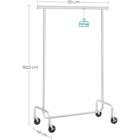 Songmics Portant à Vêtements Sur Roulettes, Porte-manteau, Porte-vêtements, Capacité De Charge 130 Kg, Tringle En Métal, Rangement De Vêtements, Pour Dressing, Chambre, Argent – Image 5