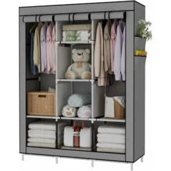 PEAK Garde-Robe Transportable Armoire De Rangement Penderie En Tissu Intissé Avec Portes Coulissantes Gris