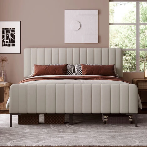 Lit Capitonné Adulte, Avec Sommier à Lattes, Tête De Lit Réglable, Style Scandinave, Tissu Lin - Beige - 160 X 200cm – Image 2