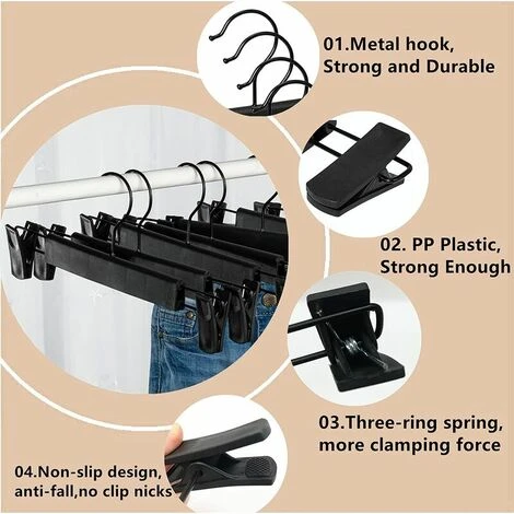 Lot De 10 Cintres Pour Pantalon , Cintres Porte-Jupes , Avec 2 Pinces Antidérapants Et Réglables , Pour Pantalons Suspendus, Chaussettes, Jupes - Noir – Image 4