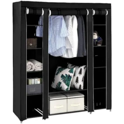 Armoire De Rangement Garde-Robe, Penderie De Chambre DIY Intérieur, Penderie Dressing Textile En Tissu Intissé Avec Fermeture à Glissière, Noir 175 X 150 X 45cm
