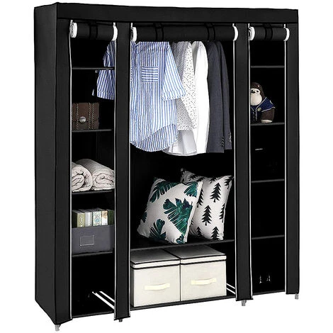 Armoire De Rangement Garde-Robe, Penderie De Chambre DIY Intérieur, Penderie Dressing Textile En Tissu Intissé Avec Fermeture à Glissière, Noir 175 X 150 X 45cm