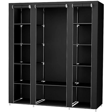 Armoire De Rangement Garde-Robe, Penderie De Chambre DIY Intérieur, Penderie Dressing Textile En Tissu Intissé Avec Fermeture à Glissière, Noir 175 X 150 X 45cm – Image 2