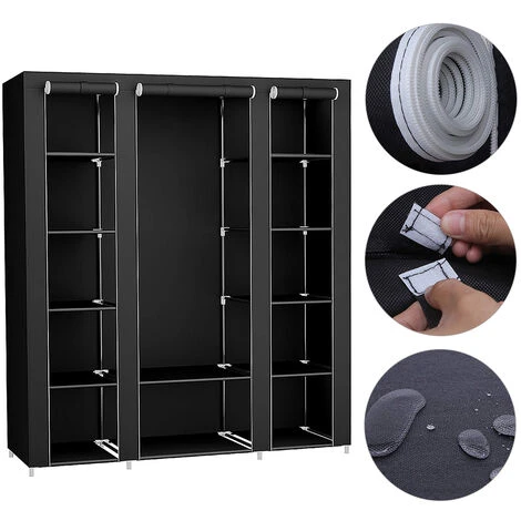 Armoire De Rangement Garde-Robe, Penderie De Chambre DIY Intérieur, Penderie Dressing Textile En Tissu Intissé Avec Fermeture à Glissière, Noir 175 X 150 X 45cm – Image 4