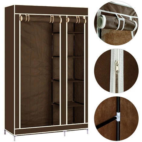 Armoire De Rangement Garde-Robe, Penderie De Chambre DIY Intérieur, Penderie Dressing Textile En Tissu Intissé Avec Fermeture à Glissière, Marron 110 X 45 X 178cm – Image 3
