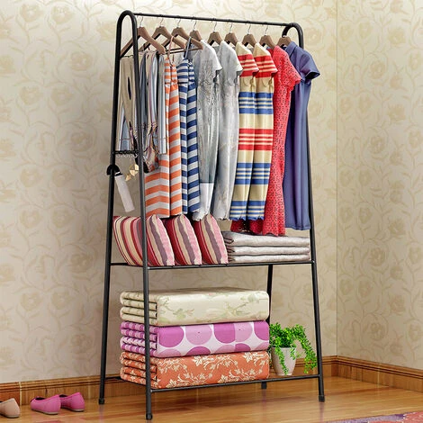 Portant à Vêtements, Tringle à Vêtements, Portemanteau Avec 2 étagères De Rangement, Pour Chaussures, Boîte, Cadre Métallique, Gain De Place, Noir