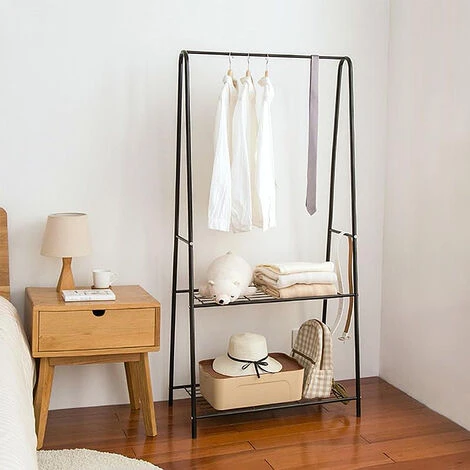 Portant à Vêtements, Tringle à Vêtements, Portemanteau Avec 2 étagères De Rangement, Pour Chaussures, Boîte, Cadre Métallique, Gain De Place, Noir – Image 3