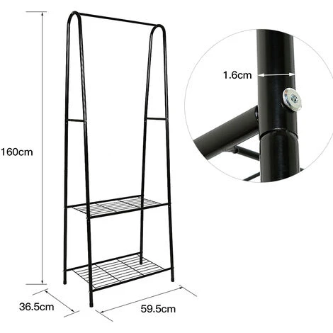 Portant à Vêtements, Tringle à Vêtements, Portemanteau Avec 2 étagères De Rangement, Pour Chaussures, Boîte, Cadre Métallique, Gain De Place, Noir – Image 4