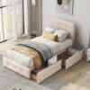 Lit Capitonné 90 X 200 Cm En Tissu Avec 2 Tiroirs, Pour Enfant Ou Adulte, Sommier à Lattes Inclus, Style Scandinave, Beige Foncé