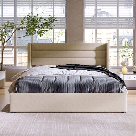 Lit Coffre Adulte Lit Rembourré Hydraulique Avec Sommier à Lattes En Métal, Tête De Lit Capitonnée, Lin, Beige 140x200cm – Image 2