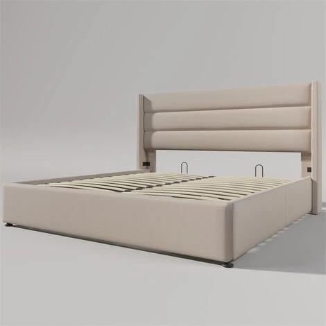 Lit Coffre Adulte Lit Rembourré Hydraulique Avec Sommier à Lattes En Métal, Tête De Lit Capitonnée, Lin, Beige 140x200cm – Image 4