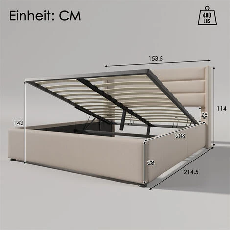 Lit Coffre Adulte Lit Rembourré Hydraulique Avec Sommier à Lattes En Métal, Tête De Lit Capitonnée, Lin, Beige 140x200cm – Image 5