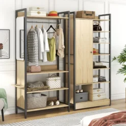 Dressing Modulable Avec Penderie étagères Et Porte, Design Industriel, Chêne Et Noir- L 90x P 45 X H 193 Cm