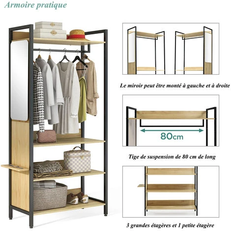 Dressing Extensible Avec Penderie étagères, Design Industriel, Chêne Et Noir- L100 X P45 X H 193cm – Image 3