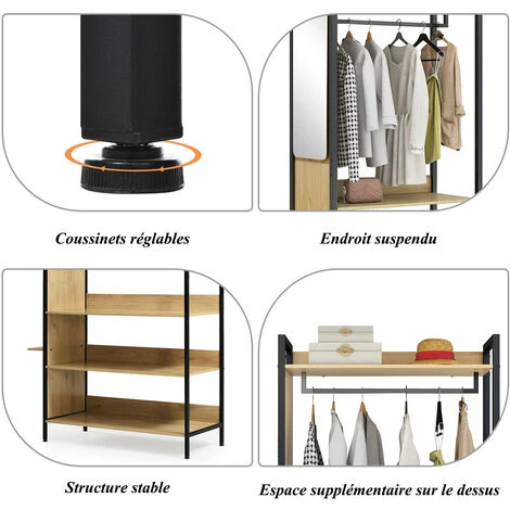 Dressing Extensible Avec Penderie étagères, Design Industriel, Chêne Et Noir- L100 X P45 X H 193cm – Image 4