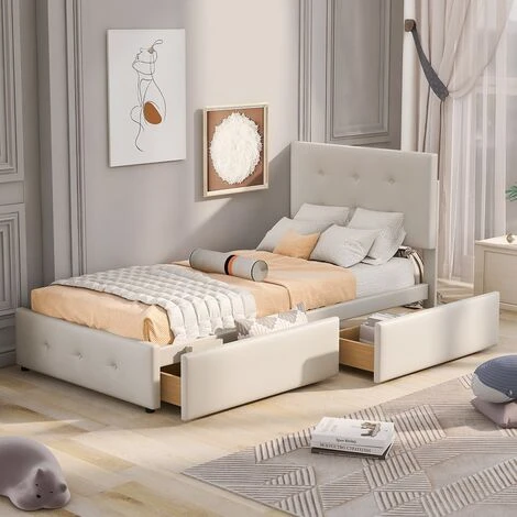 Lit Rembourré Avec Sommier à Lattes, Dossier Et Deux Tiroirs Lit Plat Simple Lit D'enfant Lit Junior Lit D'invité 90 X 200 Cm Tissu Velours Beige (matelas Non Inclus)