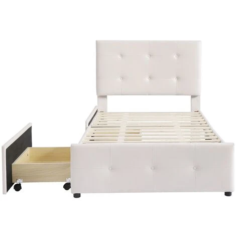 Lit Rembourré Avec Sommier à Lattes, Dossier Et Deux Tiroirs Lit Plat Simple Lit D'enfant Lit Junior Lit D'invité 90 X 200 Cm Tissu Velours Beige (matelas Non Inclus) – Image 2
