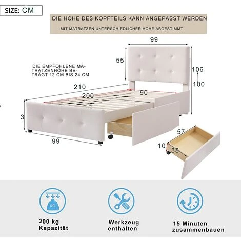 Lit Rembourré Avec Sommier à Lattes, Dossier Et Deux Tiroirs Lit Plat Simple Lit D'enfant Lit Junior Lit D'invité 90 X 200 Cm Tissu Velours Beige (matelas Non Inclus) – Image 3