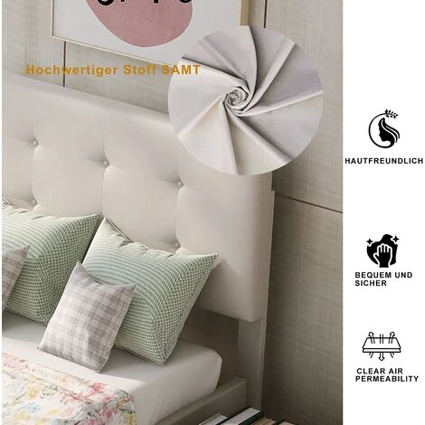 Lit Rembourré Avec Sommier à Lattes, Dossier Et Deux Tiroirs Lit Plat Simple Lit D'enfant Lit Junior Lit D'invité 90 X 200 Cm Tissu Velours Beige (matelas Non Inclus) – Image 4