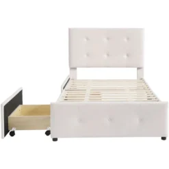 Lit Rembourré Avec Tiroirs En Velours Pour Adultes Et Adolescents 90x200 Cm, Lit Simple Beige (matelas Non Inclus)